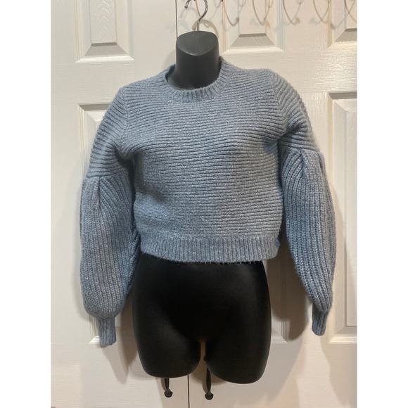 Zara Light Blue Ribbed Balloon Sleeve Cropped Sweater Knit Women Size Medium - Picture 2 of 4